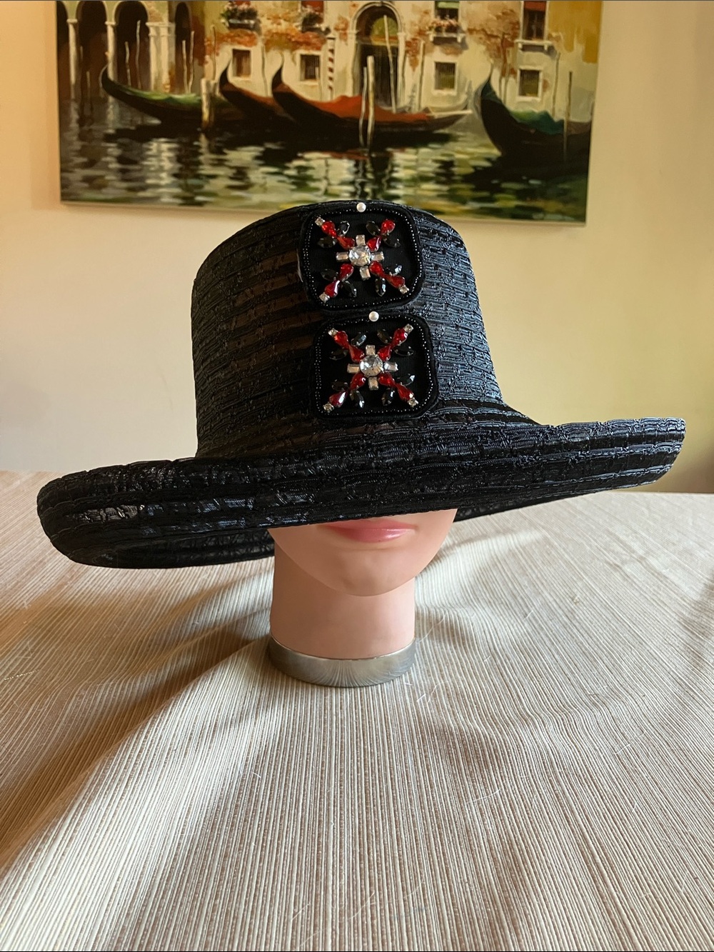 Chic Black Wide-Brim Hat with Red Jewel Accents